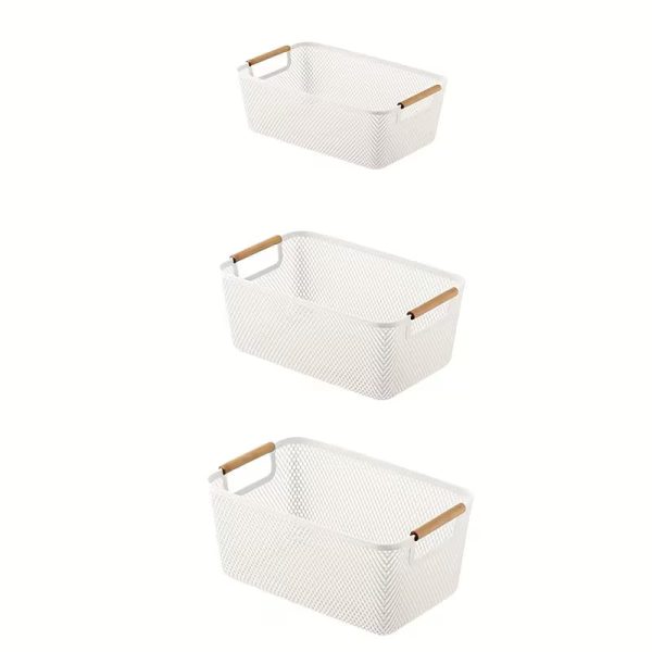 3pc Set Storage Baskets - Plastic Mesh Baskets with Wooden Handles