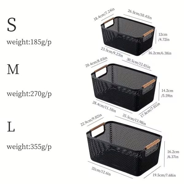 3pc Set Storage Baskets - Plastic Mesh Baskets with Wooden Handles