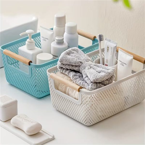 3pc Set Storage Baskets - Plastic Mesh Baskets with Wooden Handles
