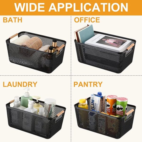 3pc Set Storage Baskets - Plastic Mesh Baskets with Wooden Handles