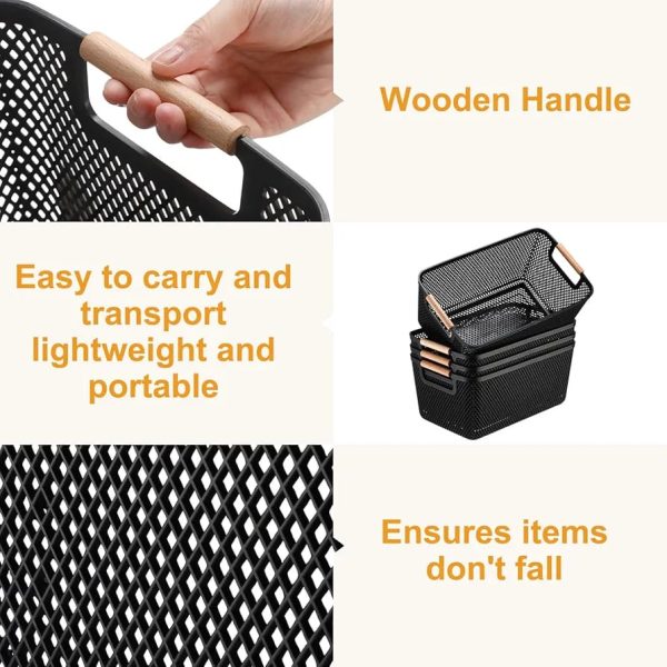 3pc Set Storage Baskets - Plastic Mesh Baskets with Wooden Handles