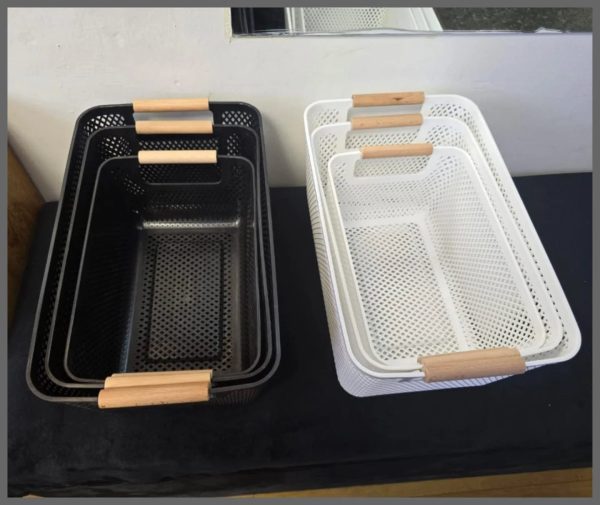 3pc Set Storage Baskets - Plastic Mesh Baskets with Wooden Handles