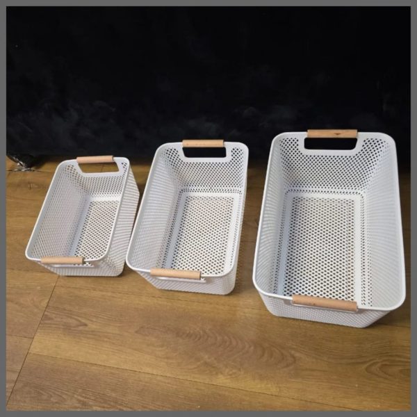 3pc Set Storage Baskets - Plastic Mesh Baskets with Wooden Handles
