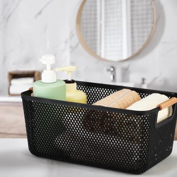 3pc Set Storage Baskets - Plastic Mesh Baskets with Wooden Handles
