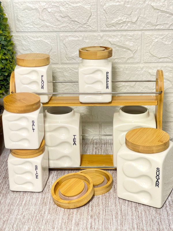 8Pc Ceramic Canister Set with Airtight Lids – Kitchen Storage Jars for Sugar, Coffee, Tea & Spices