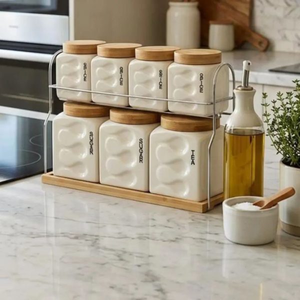 8Pc Ceramic Canister Set with Airtight Lids – Kitchen Storage Jars for Sugar, Coffee, Tea & Spices