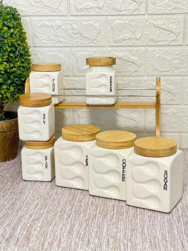 8Pc Ceramic Canister Set with Airtight Lids – Kitchen Storage Jars for Sugar, Coffee, Tea & Spices