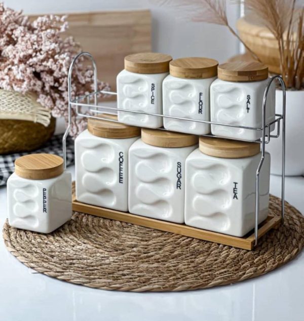 8Pc Ceramic Canister Set with Airtight Lids – Kitchen Storage Jars for Sugar, Coffee, Tea & Spices