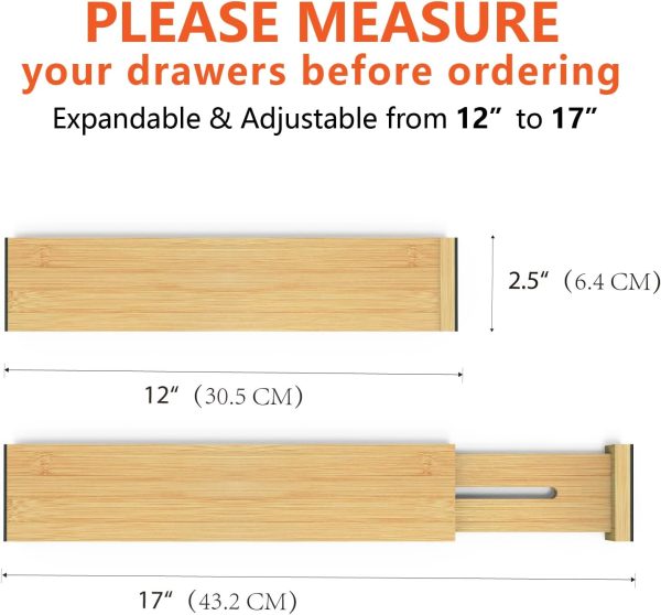 4Pcs Set Expandable Bamboo Drawer Dividers – Adjustable Drawer Organizer for Kitchen, Bedroom & Office