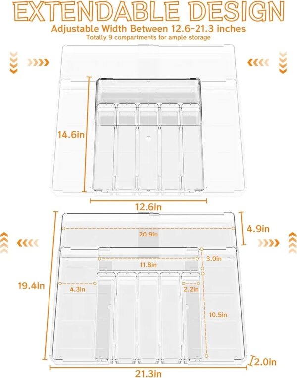 Expandable Acrylic Cutlery Organizer – Premium Quality Adjustable Drawer Tray for Kitchen Utensils & Storage (9 Compartments)