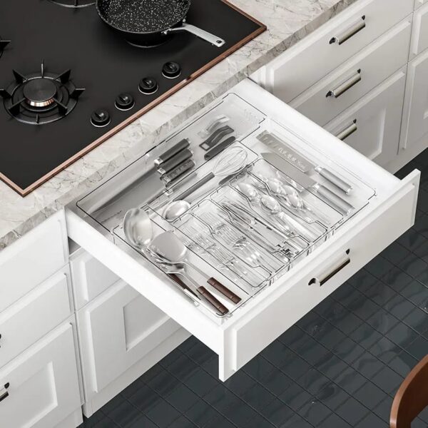 Expandable Acrylic Cutlery Organizer – Premium Quality Adjustable Drawer Tray for Kitchen Utensils & Storage (9 Compartments)