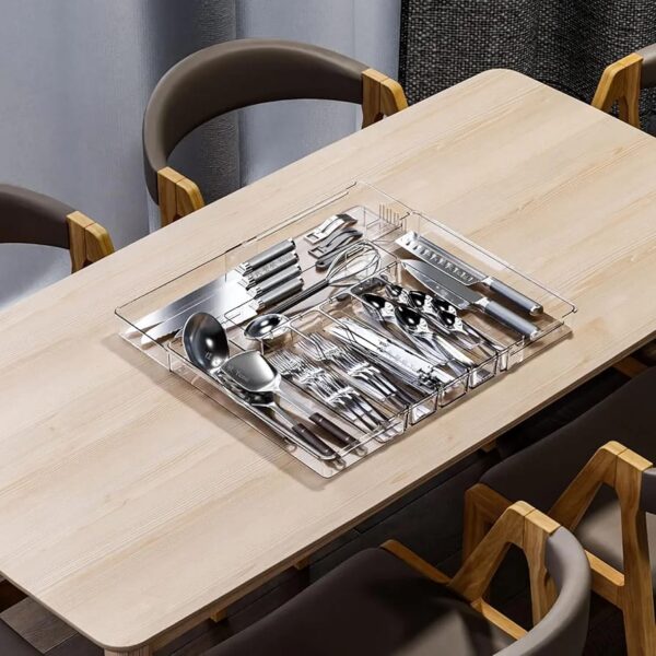 Expandable Acrylic Cutlery Organizer – Premium Quality Adjustable Drawer Tray for Kitchen Utensils & Storage (9 Compartments)