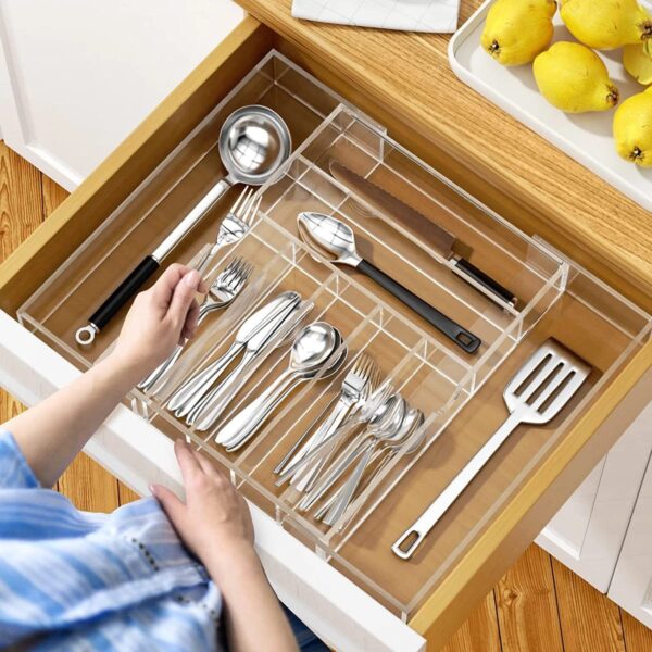 Expandable Acrylic Cutlery Organizer – Premium Quality Adjustable Drawer Tray for Kitchen Utensils & Storage (9 Compartments)