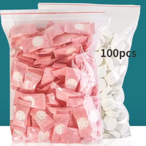 100pcs Mini Compressed Towel Capsules – Portable Disposable Travel Towels (Expand with Water)