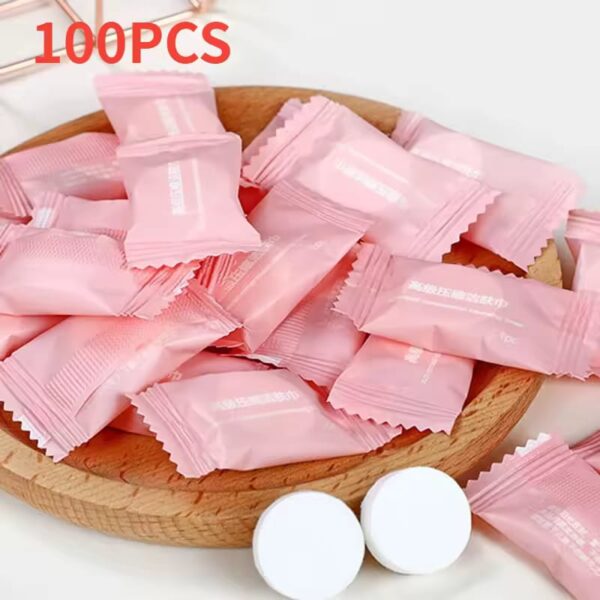 100pcs Mini Compressed Towel Capsules – Portable Disposable Travel Towels (Expand with Water)