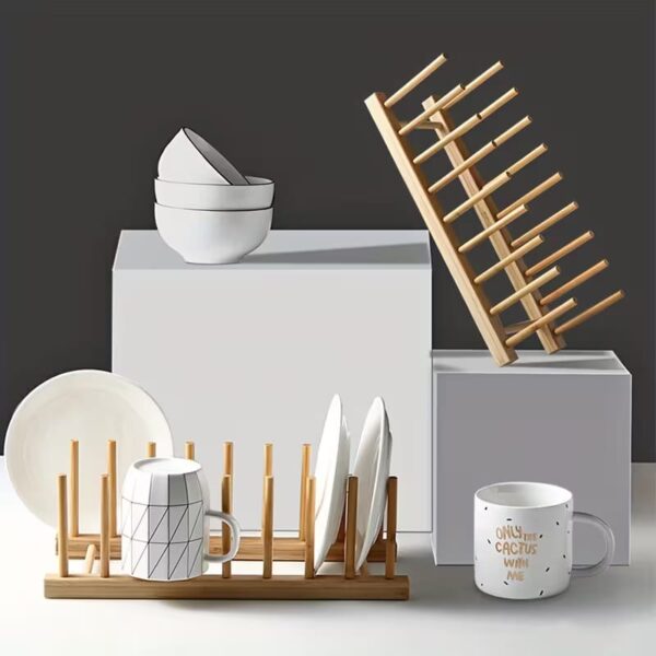 Multi-Purpose Bamboo Dish Rack – Eco-Friendly Plate, Lid, Cutting Board & Kitchen Organizer - 8 Slots